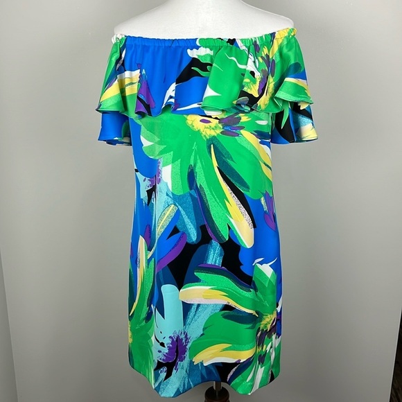 London Times On Off Shoulder Ruffle Multi Floral Tropical Mini Dress Sz 6 Resort - Picture 4 of 15